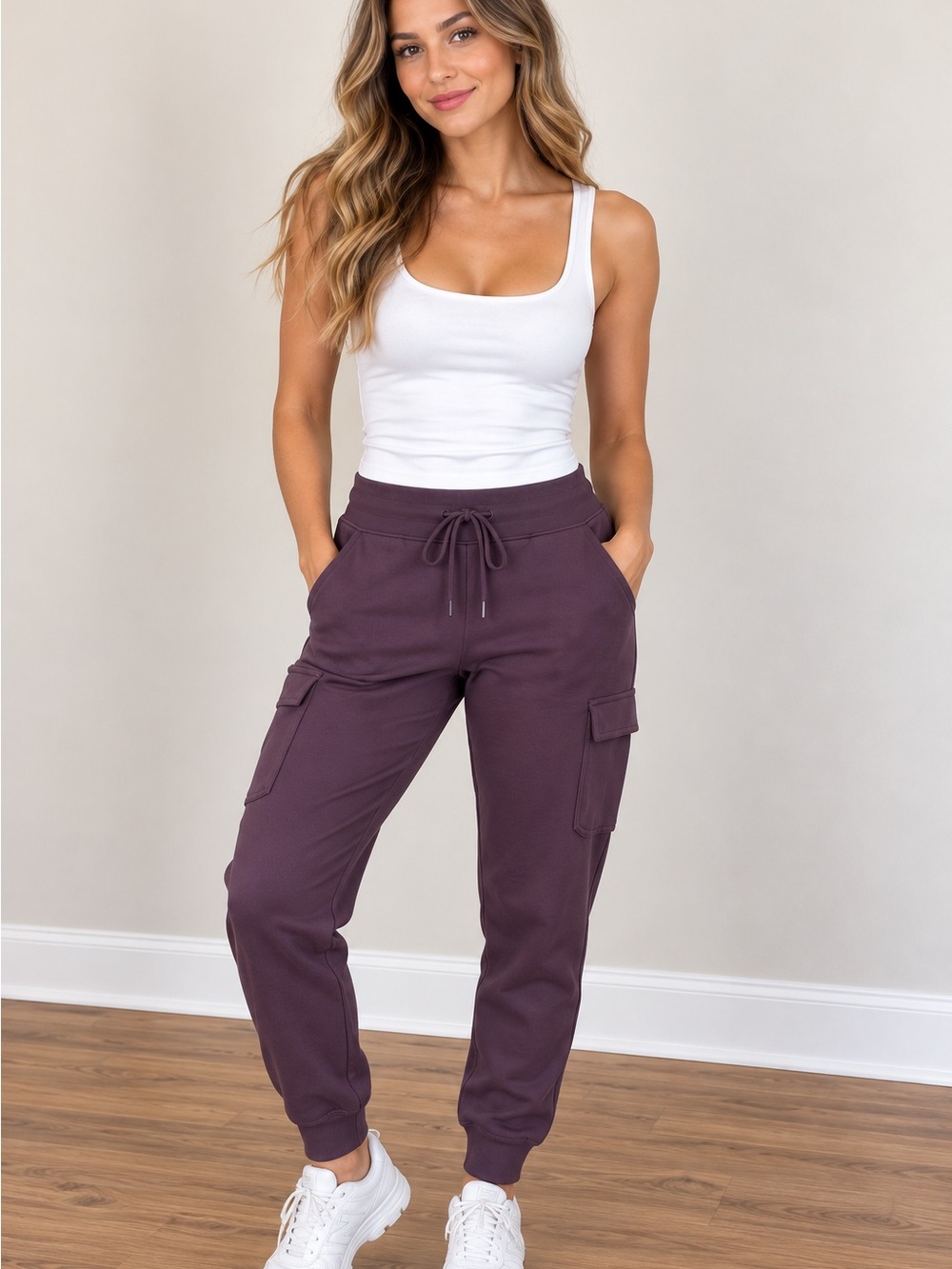 NWOT 32 Degrees Plum Cargo Joggers with Drawstring Waist
